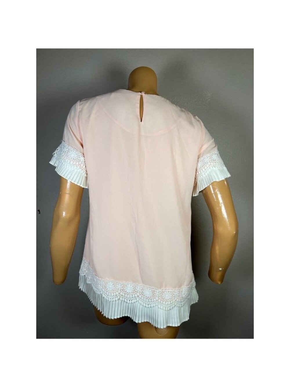 Vintage 1950s Womens Joni Blouse Xs Pink Baby Doll Short Sleeve Pleated Crochet - Picture 2 of 7